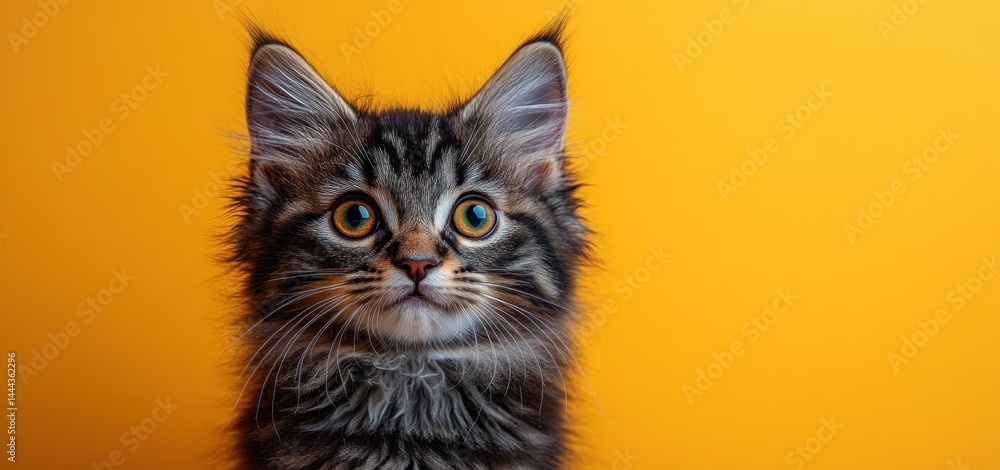 Adorable Maine Coon Kitten on Vibrant Yellow Background