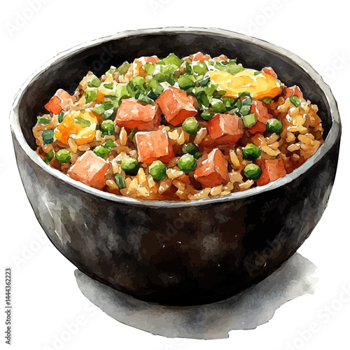 watercolor of Fried Rice With Scrambled Egg And Veggies, vector, isolated on a white background.
