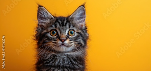 Obraz na płótnie Adorable Maine Coon Kitten on Vibrant Yellow Background w salonie
