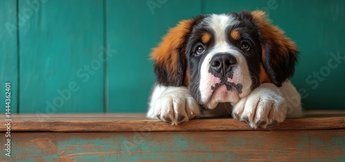Obraz na płótnie Adorable Saint Bernard Puppy on Wooden Surface w salonie