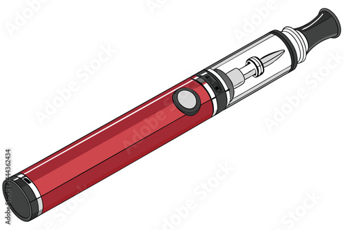26 electronic cigarette, vape pen, red metallic device, cylindrical shape, transparent tank, sleek design, modern gadget, e-liquid container, power button, atomizer, vaping technology, closeup photogr
