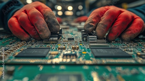 Obraz na płótnie Close-up of Dirty Hands Working on Circuit Board w salonie