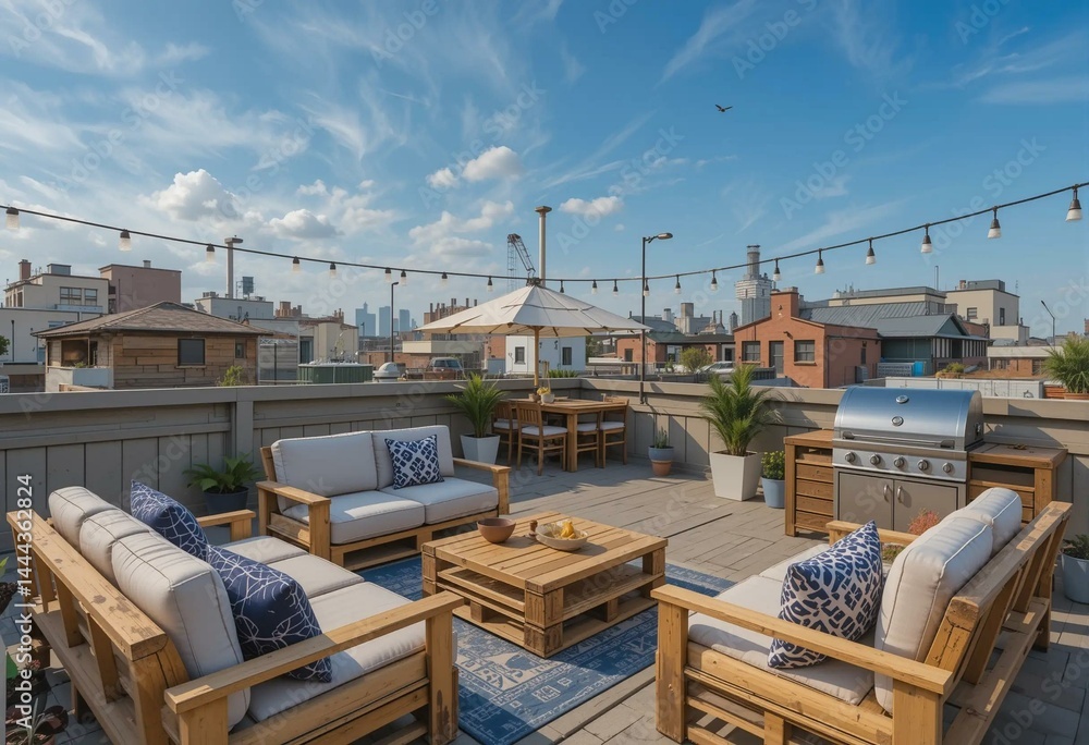 Fototapeta premium Luxurious rooftop terrace with cozy seating, city views, and modern design in a sunlit setting.