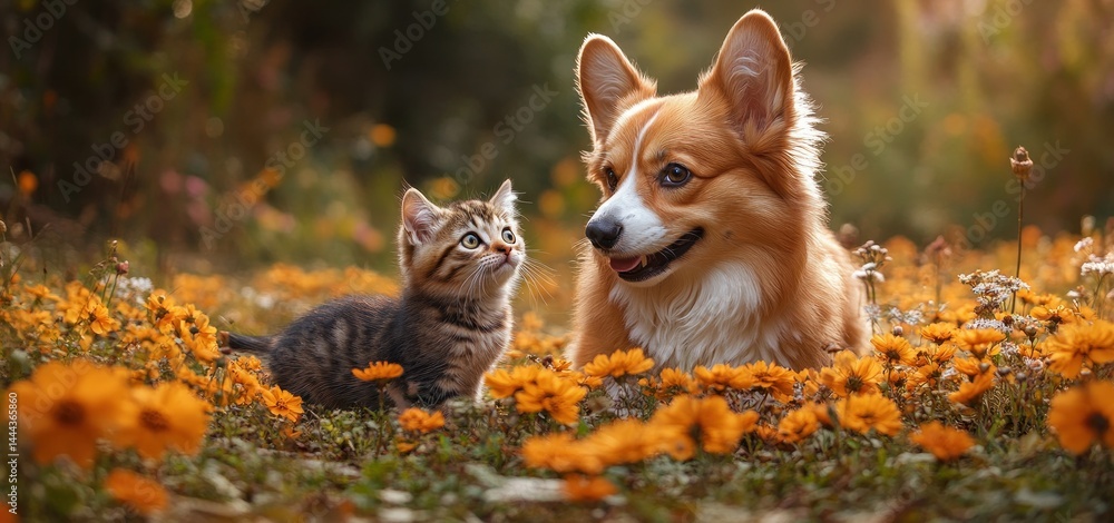 Adorable Corgi and Kitten in a Flowery Meadow