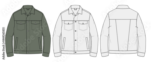 Men’s Jacket – Technical Fashion Flat, Flat sketch of a men's outerwear jacket. Perfect for tech packs, collections, and mockups.