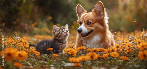 Obraz na płótnie Adorable Corgi and Kitten in a Flowery Meadow w salonie