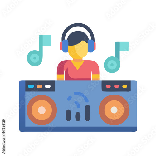 Colorful DJ icon with headphones and musical equipment