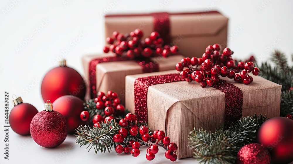 Elegant christmas gifts wrapped in brown paper with red berries and ornaments joy card xmas happy Elegant christmas gifts wrapped in brown paper with red berries and ornaments joy card xmas happy