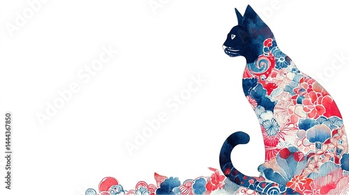 Elegant cat silhouette design with floral patterns.