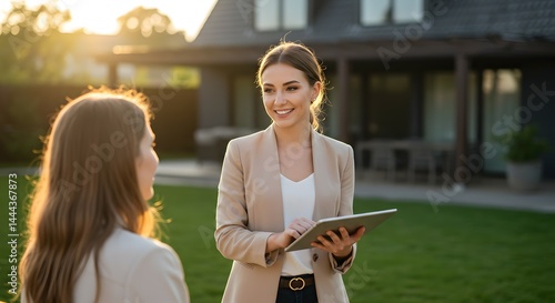 Real Estate Agent Showing Property to Potential Buyer  Successful Home Purchase Consultation Outdoors
