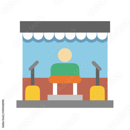 Cartoon news anchor on stage with microphones art