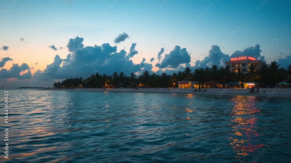 Naklejka premium A picturesque beach scene at sunset with a hotel illuminated against a vibrant sky and calm ocean waters reflecting the lights.