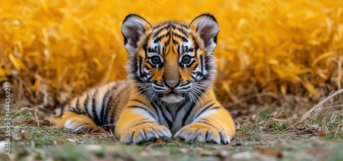 Obraz na płótnie Adorable Tiger Cub in Golden Field w salonie