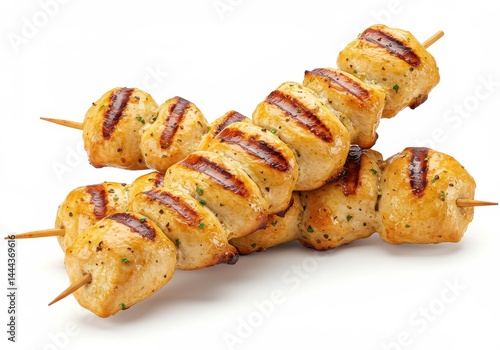 Grilled chicken skewers close up on white background
