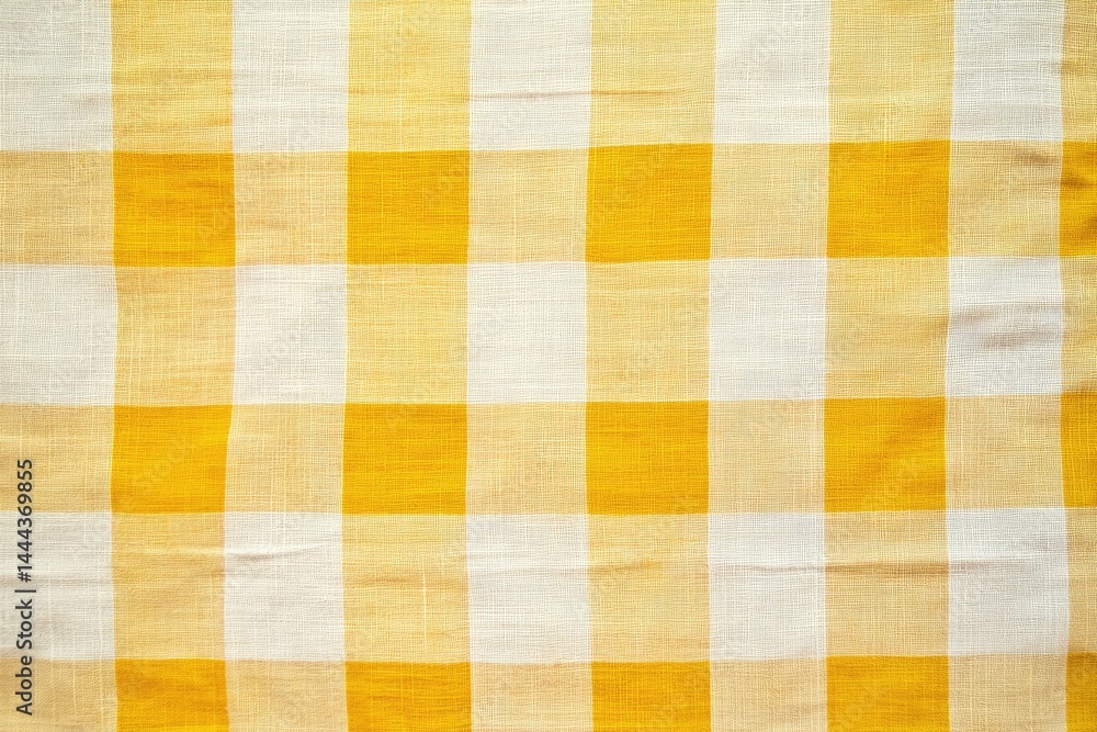 Yellow and white checkered tablecloth Close-up view of a woven fabric with repeating squares of yellow and white Yellow and white checkered tablecloth Close-up view of a woven fabric with repeating squares of yellow and white