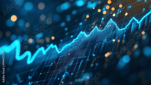 3D render of an upward-pointing arrow graph, in a blue color on a light background. This concept represents business growth or success in the stock market or finance industry. The image is of high qua