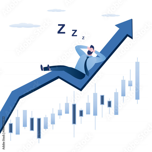 Dreaming of success or wealth. Confident businessman or trader sleeping on growing graph. High passive income from growth of stock prices, dividends.