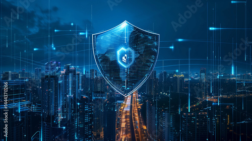 futuristic city protected by a giant cybersecurity shield 
