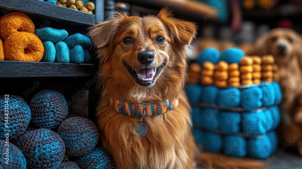 Adorable Fluffy Dog Posing Amidst Vibrant Knitted Toys