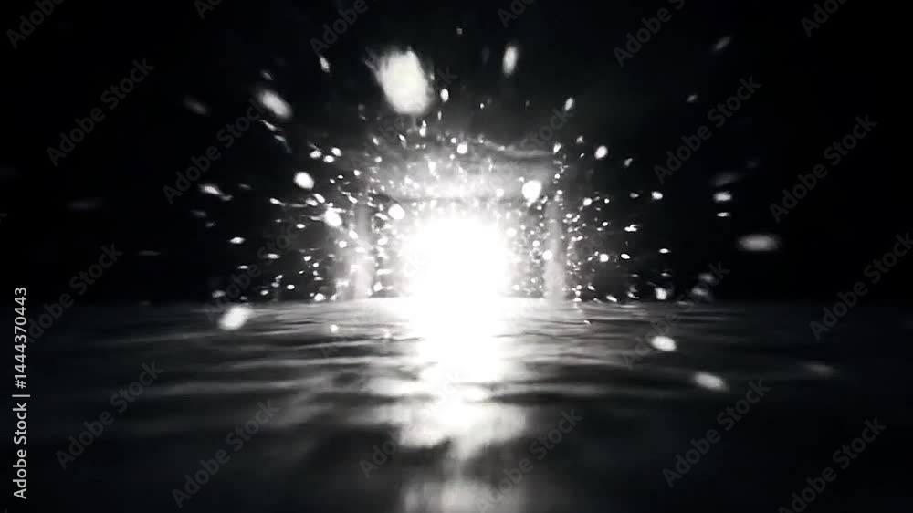 Dark abstract dimension with floating particles and distant glowing doorway of pure white light, camera rapidly zooms forward through darkness into the light