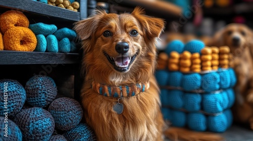 Adorable Fluffy Dog Posing Amidst Vibrant Knitted Toys