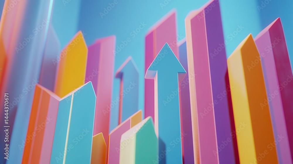 3D render of an upward-pointing arrow graph with a blue background, flat lay. 3D render of an upward-pointing arrow graph with a blue background, flat lay.