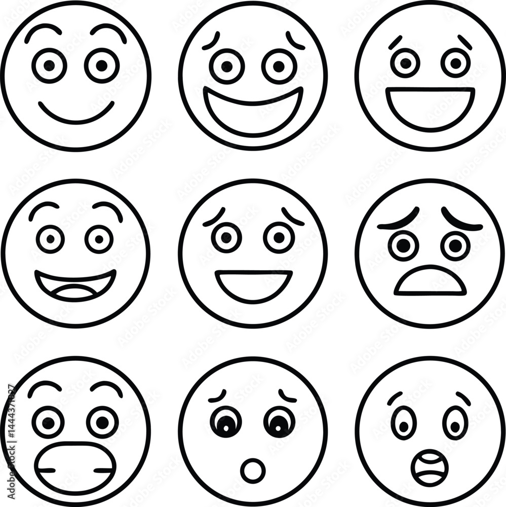 black and white illustration of different emoji faces expressing emotions black and white illustration of different emoji faces expressing emotions