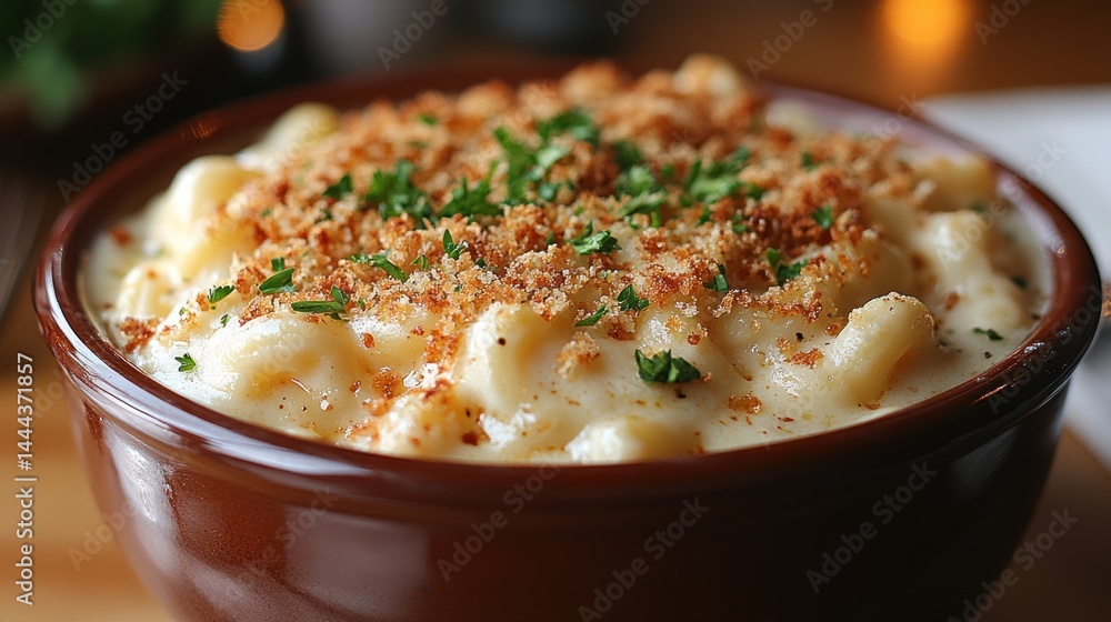 Macaroni and cheese in a brown bowl topped with breadcrumbs and herbs. Macaroni and cheese in a brown bowl topped with breadcrumbs and herbs.