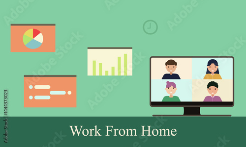 Vector graphics of online meetings to prevent the spread of the covid-19 virus which consists of people attending meetings, meeting materials, computers, wall clocks, and the phrase 'Work From Home'.