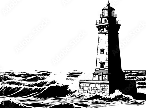 Summer lighthouse tower ocean waves black and white illustration coastal environment artistic perspective