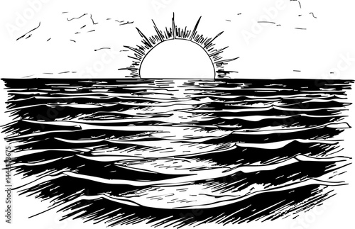 Sunrise over the ocean beachfront illustration serene atmosphere aerial view summer inspiration