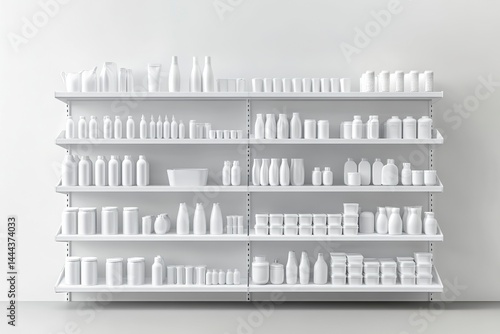3D render of shelves with white products on a light background, 2D illustration, flat lay, front view, mockup template 