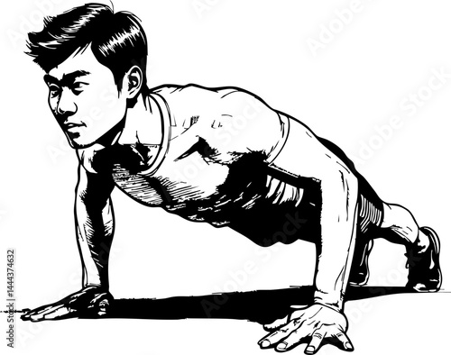 Dynamic push-up training session for fitness enthusiasts gym illustration energetic environment side view strength concept