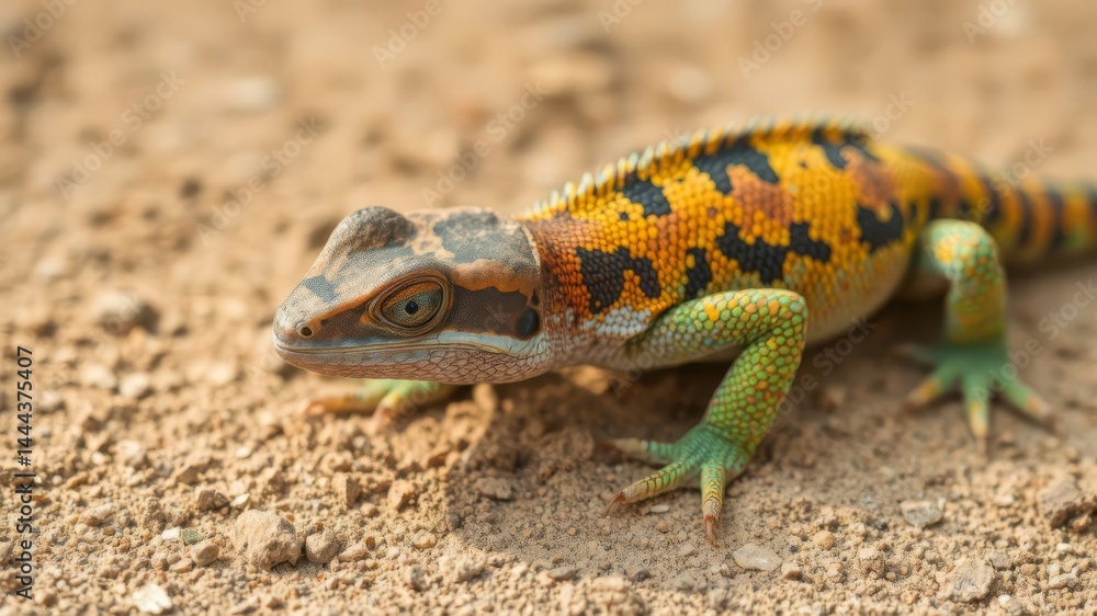 Naklejka premium A vibrant multicolored lizard basks in the warm sunlight on dry sandy ground exhibiting intricate scales and patterns.