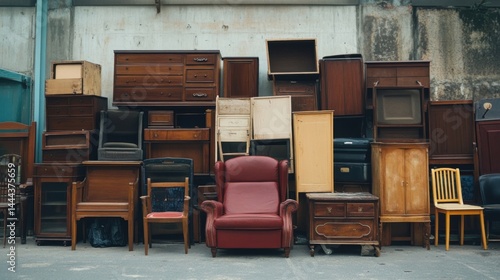 Collection of old furniture stacked for donation