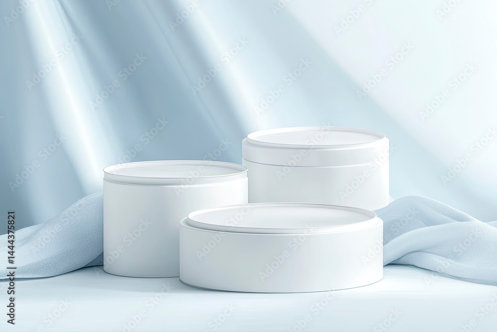 3D white cylindrical podium on a pastel blue background with a soft shadow and light, a minimal abstract scene for product presentation, a mock-up banner for cosmetic products, a template design eleme 3D white cylindrical podium on a pastel blue background with a soft shadow and light, a minimal abstract scene for product presentation, a mock-up banner for cosmetic products, a template design eleme