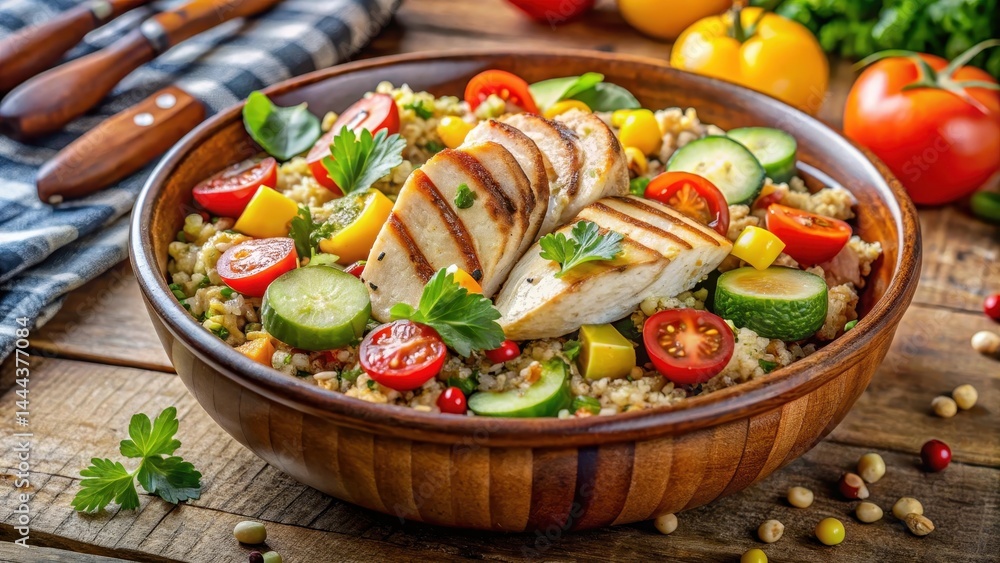 Wholesome quinoa salad with mixed vegetables and grilled chicken in a ceramic bowl, natural ingredients, quinoa salad Wholesome quinoa salad with mixed vegetables and grilled chicken in a ceramic bowl, natural ingredients, quinoa salad