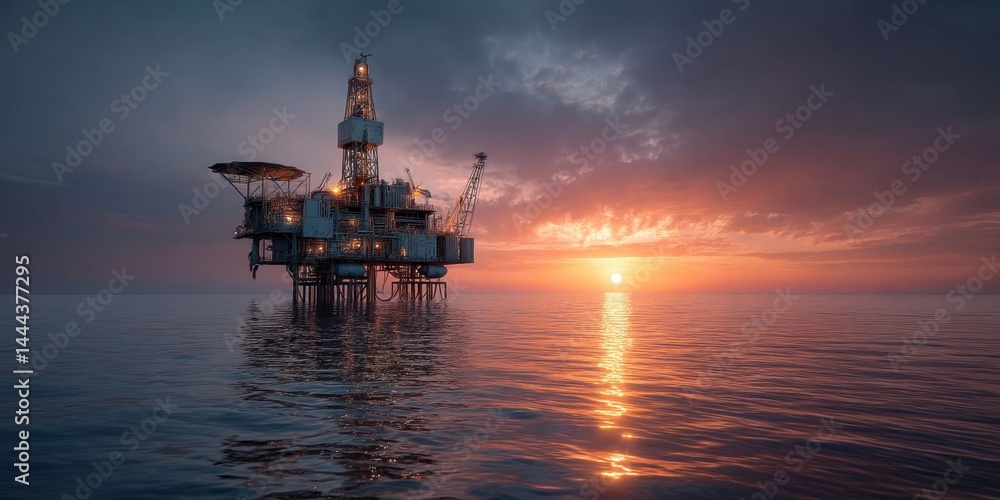 Offshore Drilling Platform at Stunning Sunset Offshore Drilling Platform at Stunning Sunset