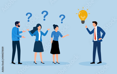 Question answer, advice or suggestion, solving problem with solution, q and a or faq, quiz or solution discovery, information guidance concept, businessman offer solution for people question marks.