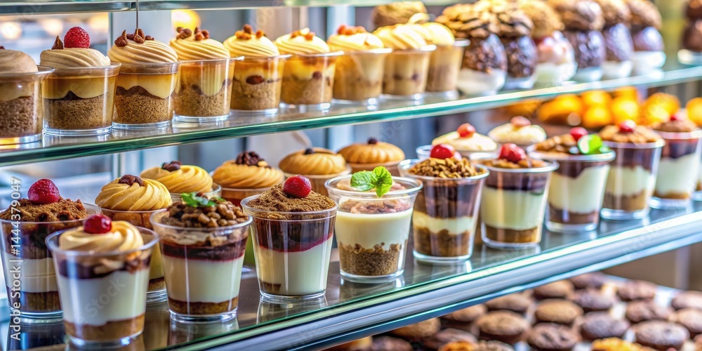 Assorted dessert cups in a row on shelves in a refrigerated glass case with doors open , sweets, cookies,  sweets