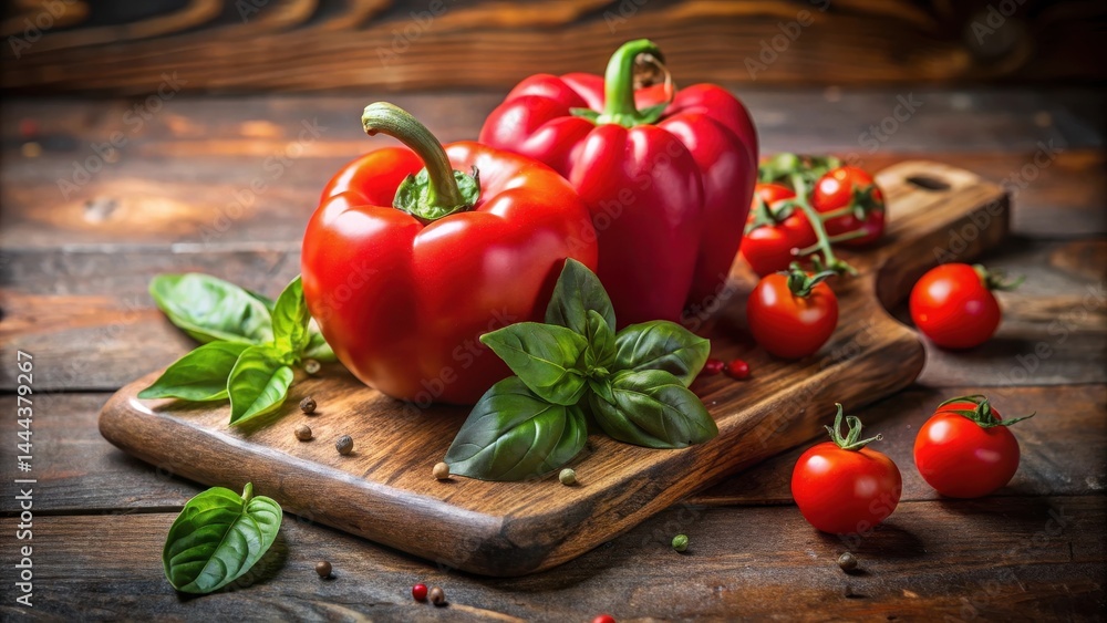 Fresh red bell pepper and ripe tomato on a wooden cutting board, with a few fresh basil leaves scattered around , food photography, table setting Fresh red bell pepper and ripe tomato on a wooden cutting board, with a few fresh basil leaves scattered around , food photography, table setting