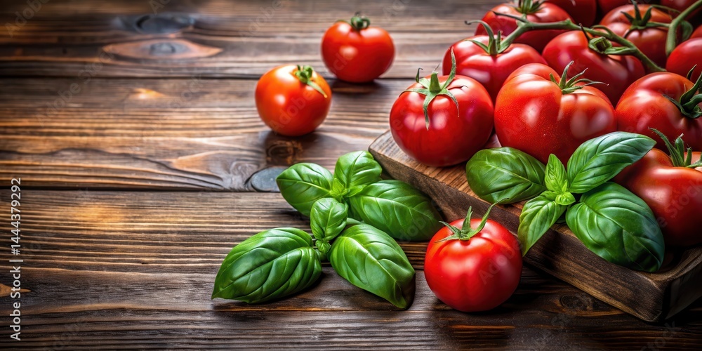 Fresh ripe red tomatoes and fragrant basil leaves arranged artfully on a rustic wooden table, exuding warmth and inviting coziness , fresh produce, garden Fresh ripe red tomatoes and fragrant basil leaves arranged artfully on a rustic wooden table, exuding warmth and inviting coziness , fresh produce, garden
