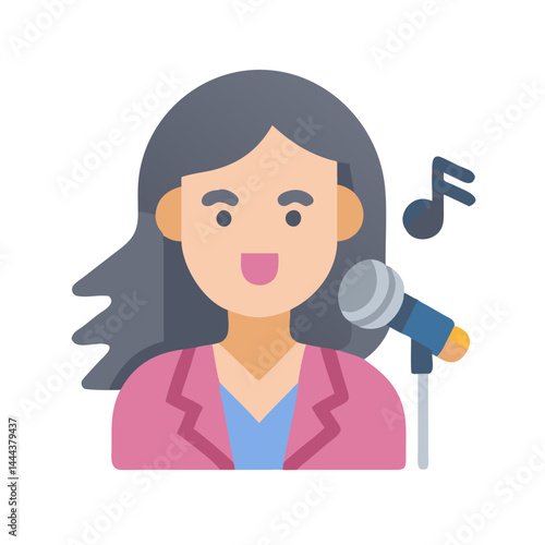 Woman singing at microphone illustration with musical notes