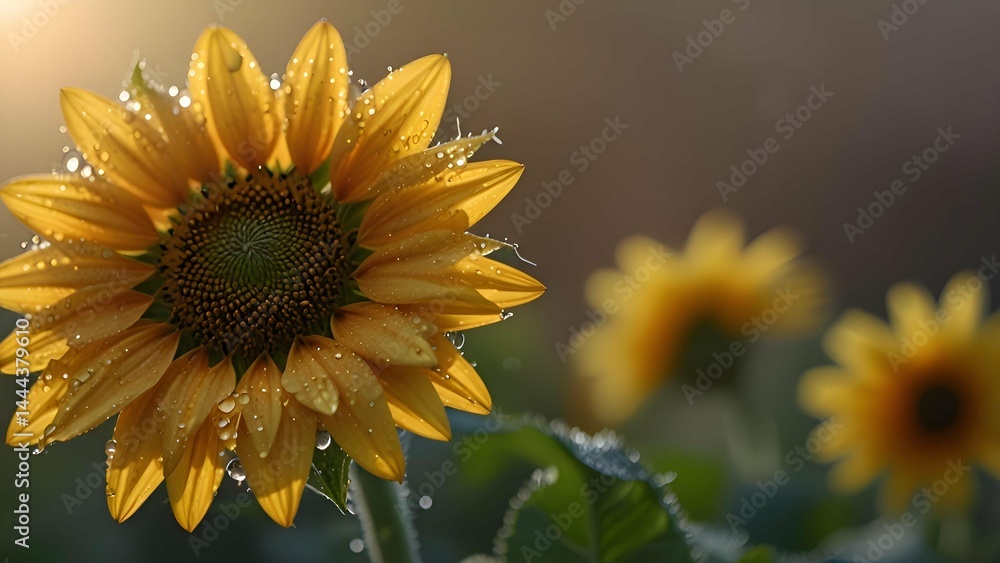 Fototapeta premium Close-up of a single sun flower bloom at sunrise, with dewdrops glistening on the petals, shallow depth of field, soft pastel background, macro photography style.