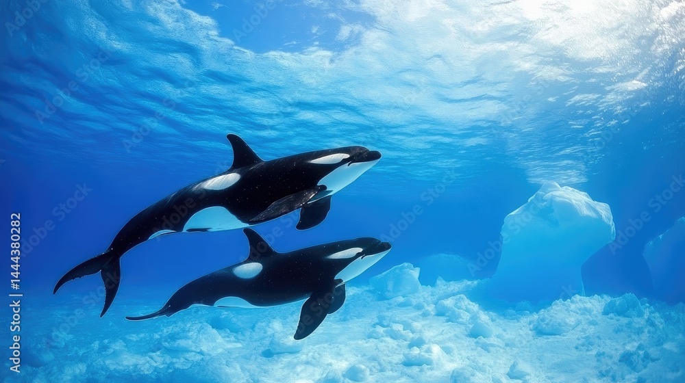 Fototapeta premium Two orcas swimming in icy water