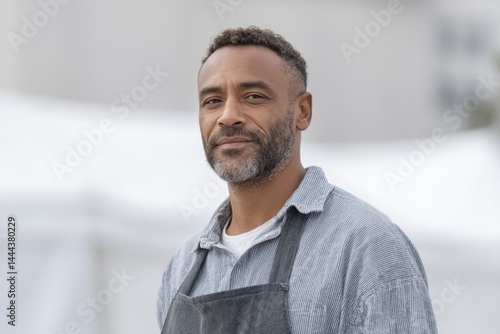portrait of diverse fish market vendor with blurred background highlighting copy space for text inclusion