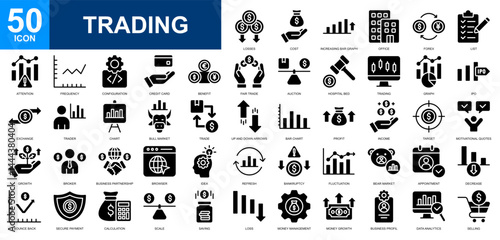 Trading icon set collection. Recycling, data analytics, stock market, money management, financial, data statistics icon. Simple glyph vector.