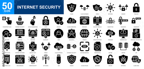 Internet Security icon set collection. Cyber security, cloud compunting, web security, internet protection, seo and web icon. Simple glyph vector.