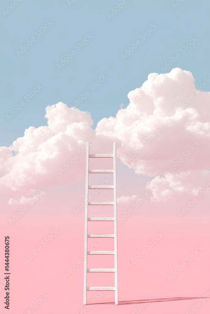 White ladder standing tall against a pink ground and blue sky with floating clouds, symbolizing ambition and upward possibilities White ladder standing tall against a pink ground and blue sky with floating clouds, symbolizing ambition and upward possibilities