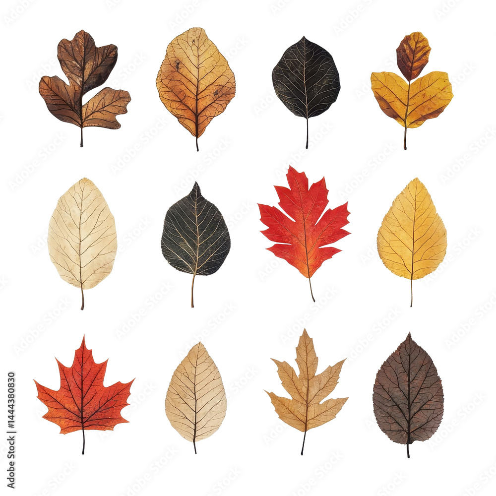 Flat style illustration of dry autumn leaves, showcasing their shapes and colors, isolated on white background. cutout png